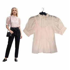 ❤️One twelfth Womens blouse Top Sz S Short Sleeve Glitter Peach Plaid Lined New